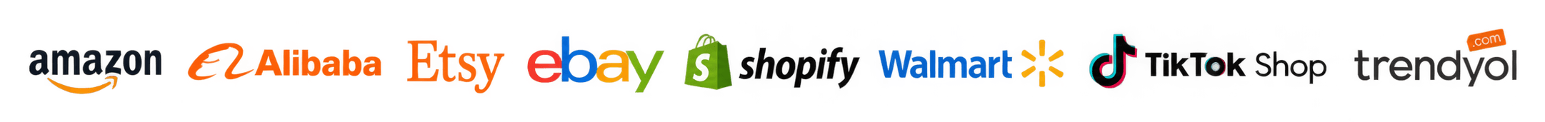 Amazon, Alibaba, Etsy, eBay, Shopify, Walmart, TikTok Shop, Trendyol